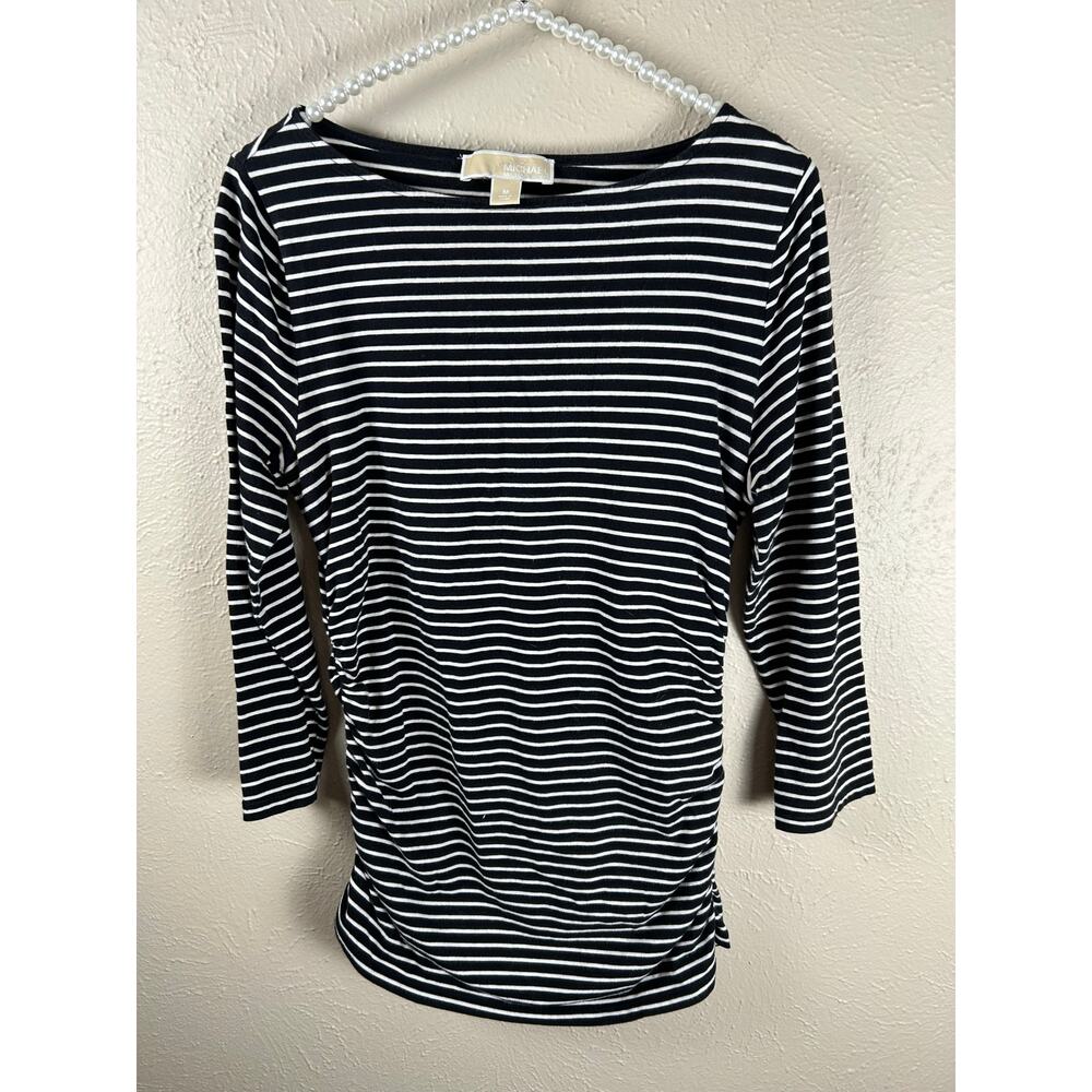 Michael Kors Striped Ruched Shirt Women's Size Medium Preppy Classic Blouse Top